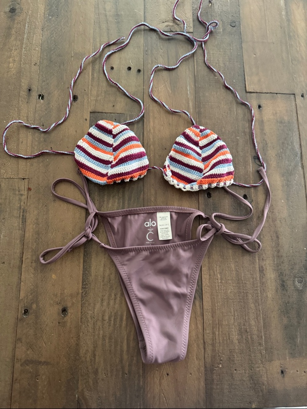 ALO Yoga Mauve Bikini Bottom with Crochet Stripe Top